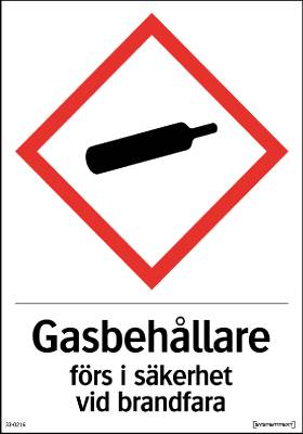 Skylt Kemiska ämnen Gasbehållare förs i säkerhet vid brandfara