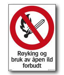 Forbudskilt Røyking og bruk av åpen ild forbudt NO